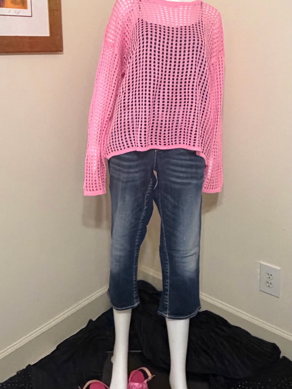 NWT HUSG20 Bubblegum Pink Open Knit Crochet Mesh Slouchy Sweater M/L